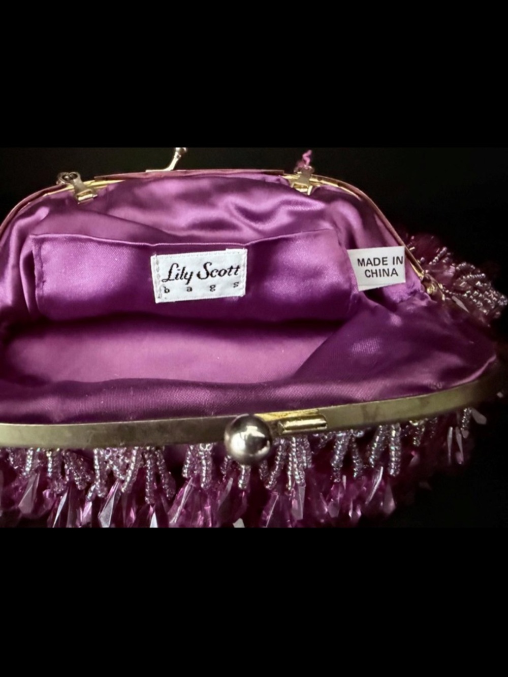 Vintage Lily Scott Lucite Beaded Evening Bag Plum Amethyst Pearl Handle - Picture 6 of 7